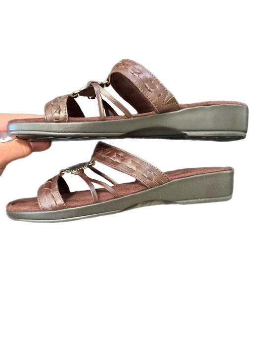 Minnetonka Sandals Brown Sabra Slides with Braided Leather Silver Accent - Picture 5 of 9